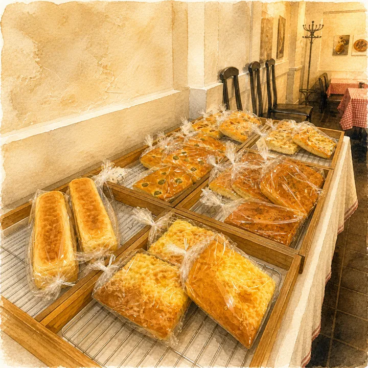 袋詰めされたフォカッチャや食事パンが並ぶ店内のパン売り場